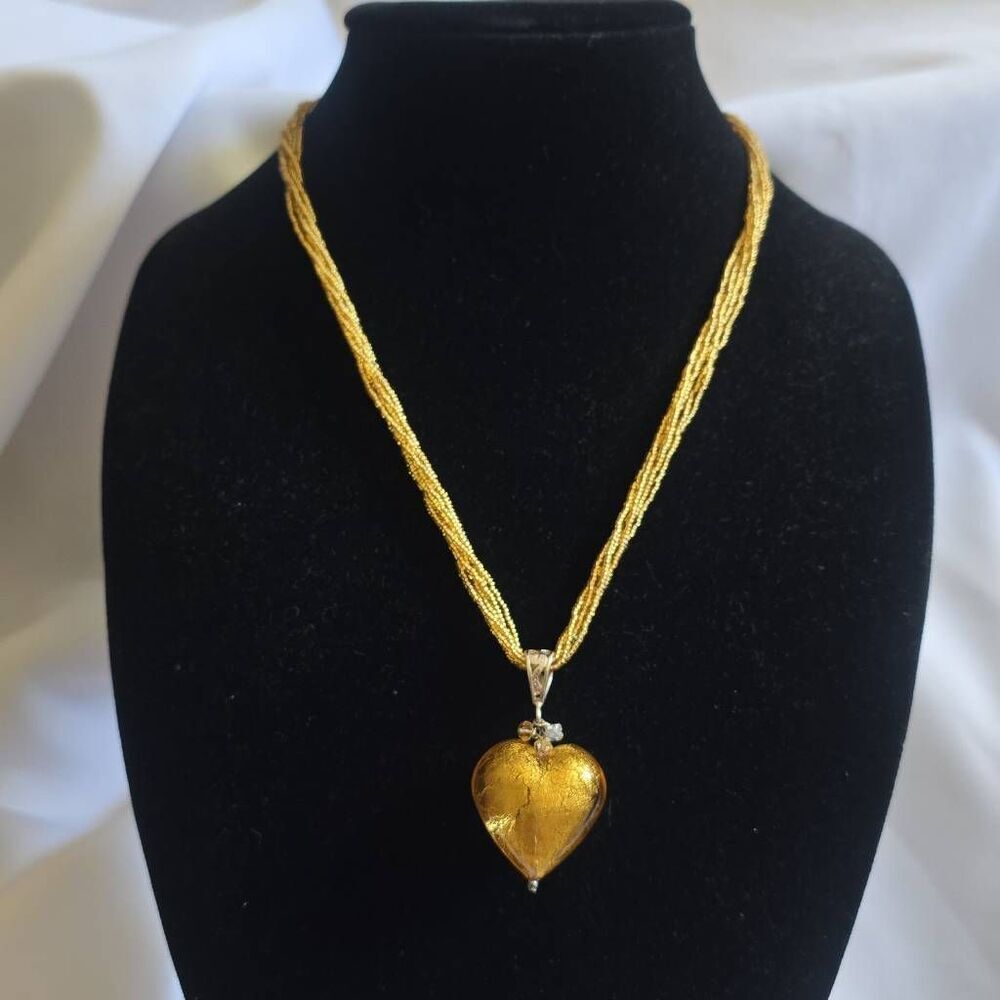 Vtg. Murano Glass Gold Heart Pendant on a gold beaded Necklace